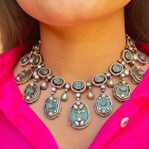 Victorian Polish Moissanite Polki Holdali Necklace Set